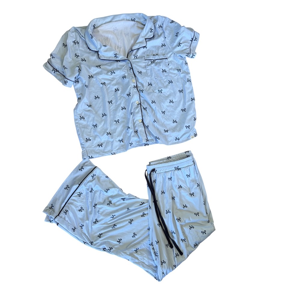 GapBody Blue Bow Print Pajama Set Short Sleeve Top Long Pants Size M